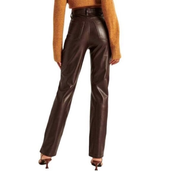 Abercrombie & Fitch 90’s Straight Ultra High Rise Brown Vegan Leather Pants - Picture 2 of 7